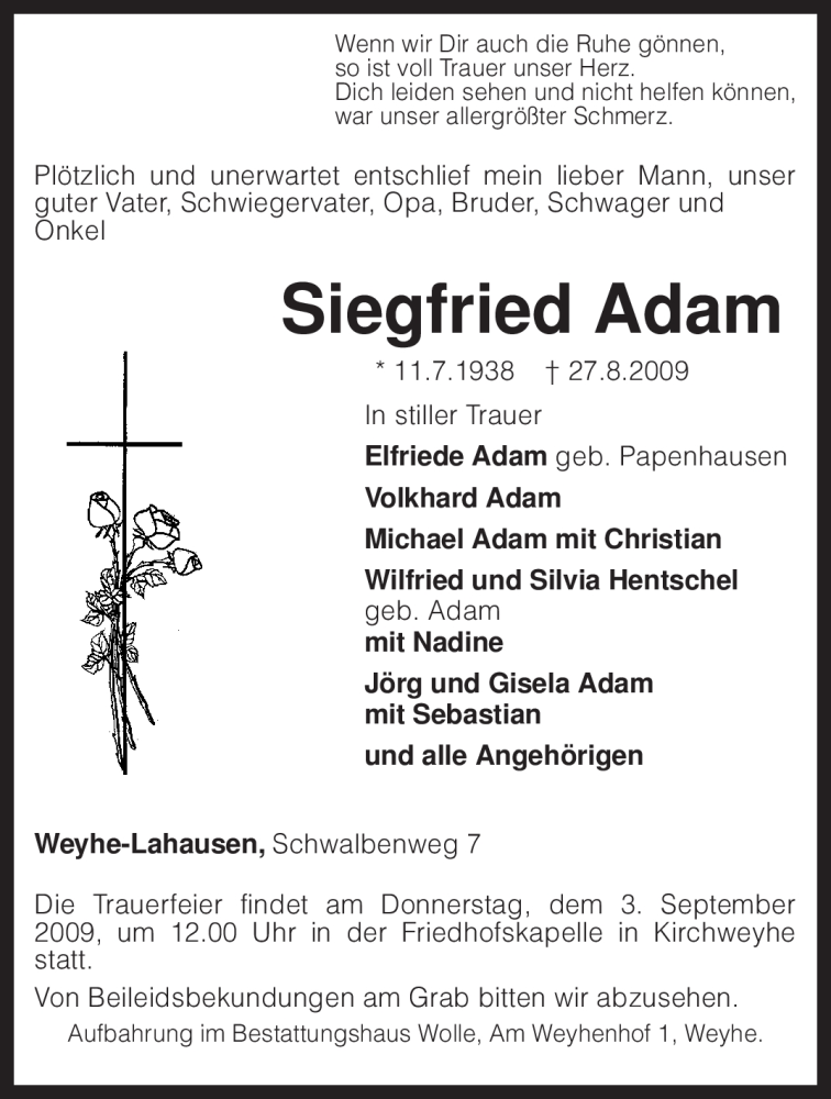  Traueranzeige für Siegfried Adam vom 29.08.2009 aus KREISZEITUNG SYKE