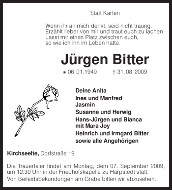 Traueranzeige von Jürgen Bitter von KREISZEITUNG SYKE