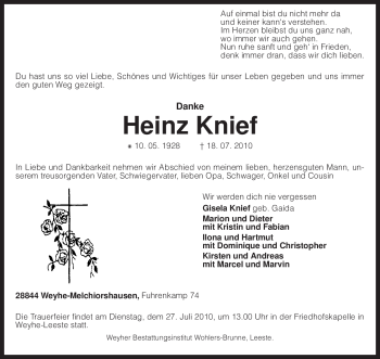 Traueranzeige von Heinz Knief von KREISZEITUNG SYKE