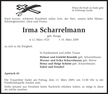 Traueranzeige von Irma Scharrelmann von KREISZEITUNG SYKE