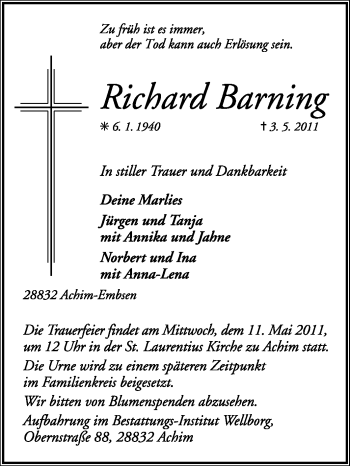 Traueranzeige von Richard Barning von KREISZEITUNG SYKE