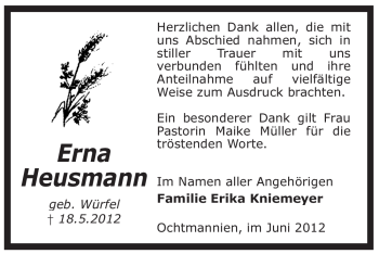 Traueranzeige von Erna Heusmann von KREISZEITUNG SYKE