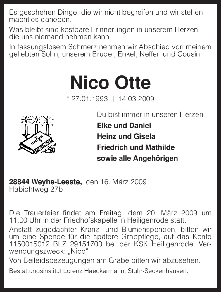  Traueranzeige für Nico Otte vom 17.03.2009 aus KREISZEITUNG SYKE