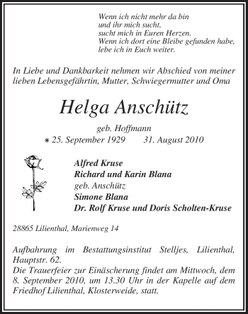 Traueranzeige von Helga Anschütz von KREISZEITUNG SYKE