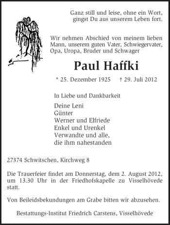 Traueranzeige von Paul Haffki von KREISZEITUNG SYKE