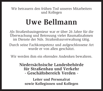 Traueranzeige von Uwe Bellmann von KREISZEITUNG SYKE