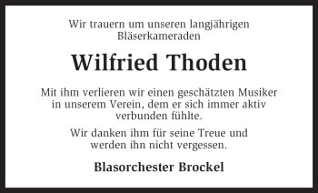 Traueranzeige von Wilfried Thoden von KREISZEITUNG SYKE