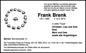 Traueranzeige von Frank Brenk von KREISZEITUNG SYKE