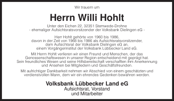 Traueranzeige von Willi Hohlt von KREISZEITUNG SYKE