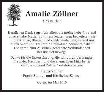 Traueranzeige von Amalie Zöllner von KRZ