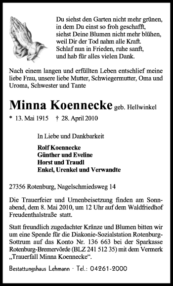 Traueranzeige von Minna Koennecke von KREISZEITUNG SYKE