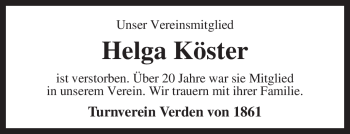 Traueranzeige von Helga Köster von KREISZEITUNG SYKE