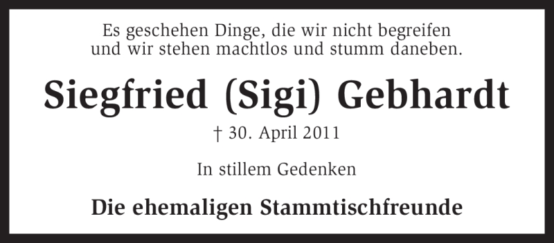  Traueranzeige für Siegfried Gebhardt vom 04.05.2011 aus KREISZEITUNG SYKE