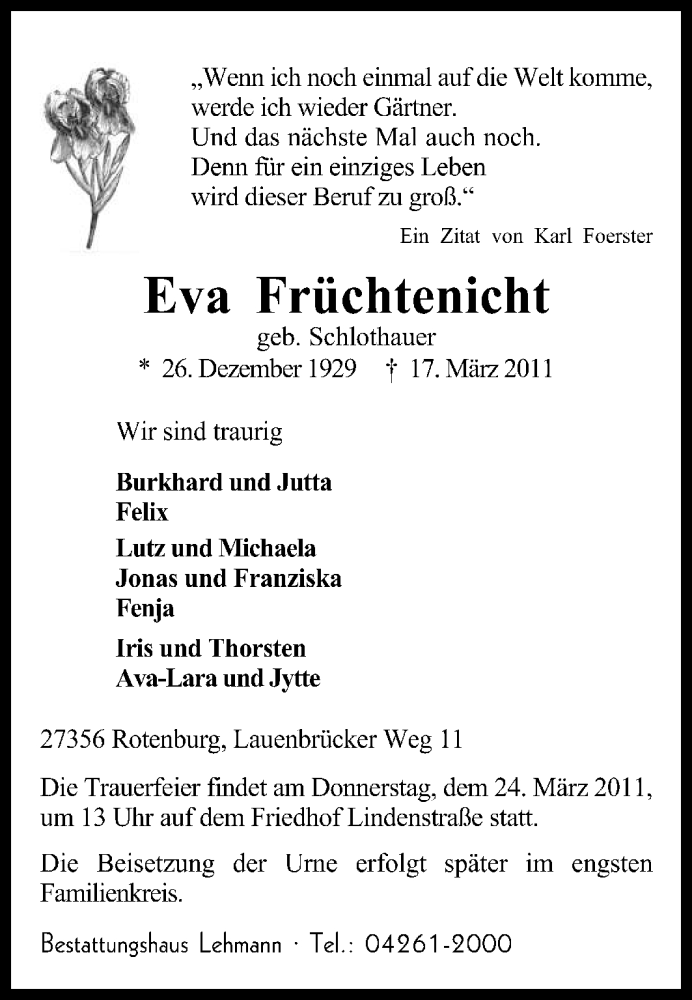  Traueranzeige für Eva Früchtenicht vom 21.03.2011 aus KREISZEITUNG SYKE