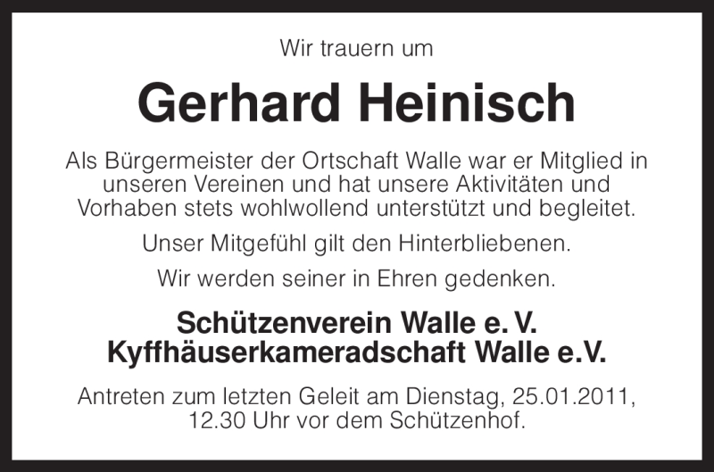  Traueranzeige für Gerhard Heinisch vom 24.01.2011 aus KREISZEITUNG SYKE