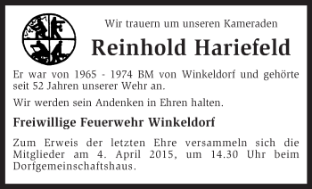 Traueranzeige von Reinhold Hariefeld von KRZ