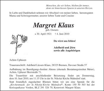 Traueranzeige von Margret Klaus von KREISZEITUNG SYKE