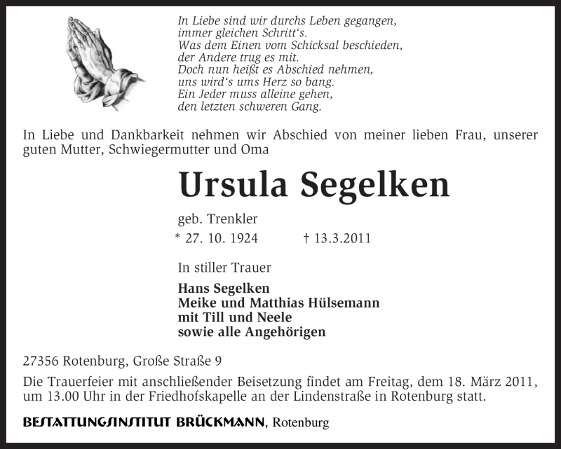  Traueranzeige für Ursula Segelken vom 16.03.2011 aus KREISZEITUNG SYKE