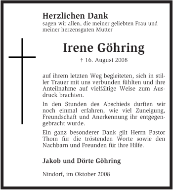 Traueranzeige von Irene Göhring von KREISZEITUNG SYKE