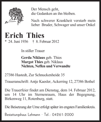 Traueranzeige von Erich Thies von KREISZEITUNG SYKE