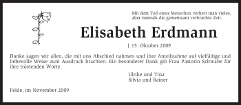 Traueranzeige von Elisabeth Erdmann von KREISZEITUNG SYKE