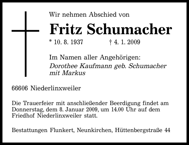  Traueranzeige für Fritz Schumacher vom 06.01.2009 aus 