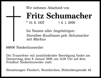 Traueranzeige von Fritz Schumacher 