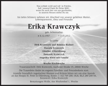 Traueranzeige von Erika Krawczyk von KREISZEITUNG SYKE