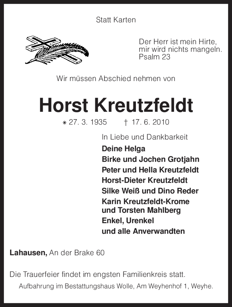  Traueranzeige für Horst Kreutzfeldt vom 19.06.2010 aus KREISZEITUNG SYKE