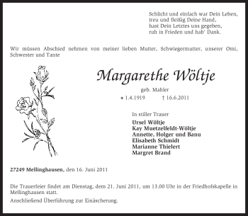 Traueranzeige von Margarethe Wöltje von KREISZEITUNG SYKE