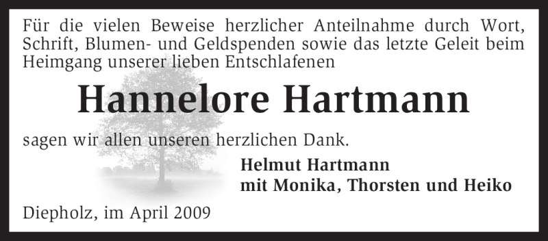  Traueranzeige für Hannelore Hartmann vom 01.04.2009 aus KREISZEITUNG SYKE