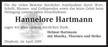 Traueranzeige von Hannelore Hartmann von KREISZEITUNG SYKE