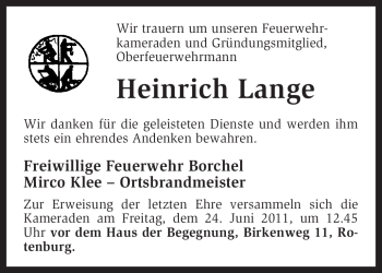 Traueranzeige von Heinrich Lange von KREISZEITUNG SYKE