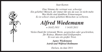 Traueranzeige von Alfred Wiedemann von KREISZEITUNG SYKE