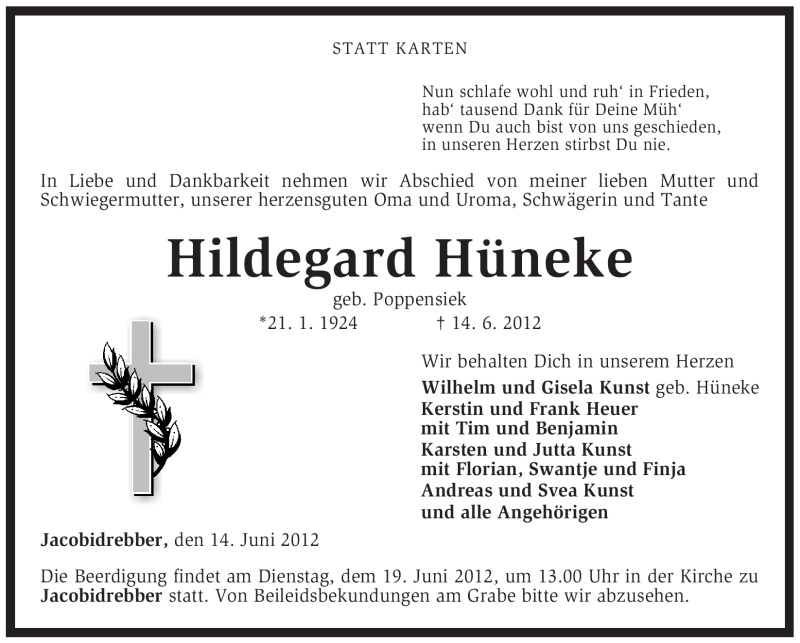  Traueranzeige für Hildegard Hüneke vom 18.06.2012 aus KREISZEITUNG SYKE