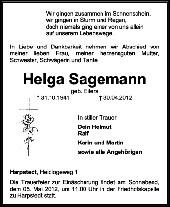 Traueranzeige von Helga Sagemann von KREISZEITUNG SYKE