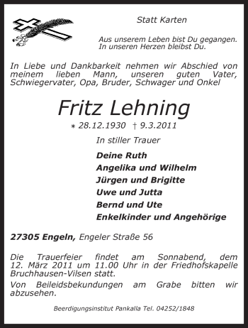 Traueranzeige von Fritz Lehning von KREISZEITUNG SYKE