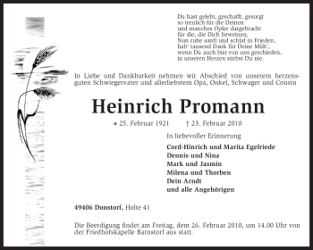 Traueranzeige von Heinrich Promann von KREISZEITUNG SYKE