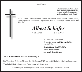 Traueranzeige von Albert Schäfer von KREISZEITUNG SYKE