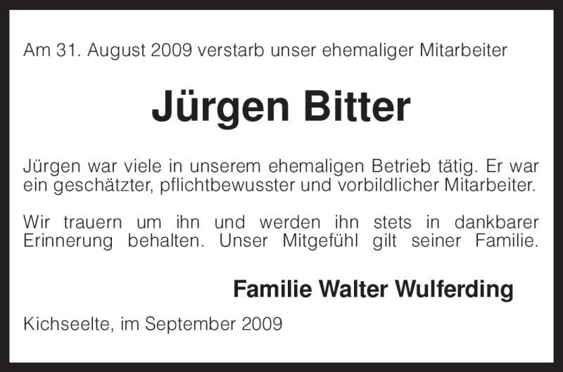  Traueranzeige für Jürgen Bitter vom 03.09.2009 aus KREISZEITUNG SYKE