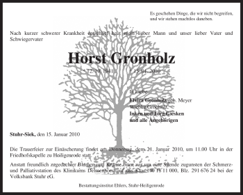 Traueranzeige von Horst Gronholz von KREISZEITUNG SYKE