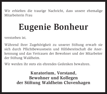 Traueranzeige von Eugenie Bonheur von KREISZEITUNG SYKE