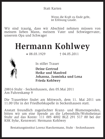 Traueranzeige von Hermann Kohlwey von KREISZEITUNG SYKE