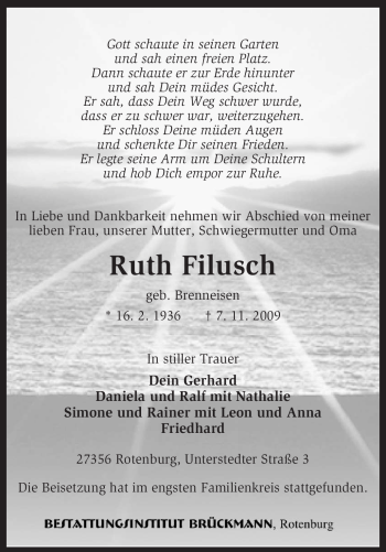 Traueranzeige von Ruth Filusch von KREISZEITUNG SYKE