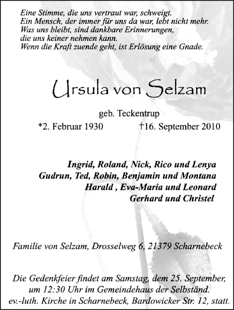  Traueranzeige für Ursula von Selzam vom 21.09.2010 aus KREISZEITUNG SYKE