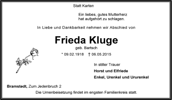 Traueranzeige von Frieda Kluge von KRZ