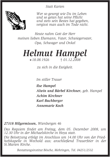 Traueranzeige von Helmut Hampel von KREISZEITUNG SYKE