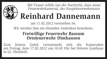 Traueranzeige von Reinhard Dannemann von KREISZEITUNG SYKE