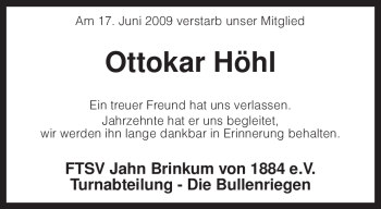 Traueranzeige von Ottokar Höhl von KREISZEITUNG SYKE