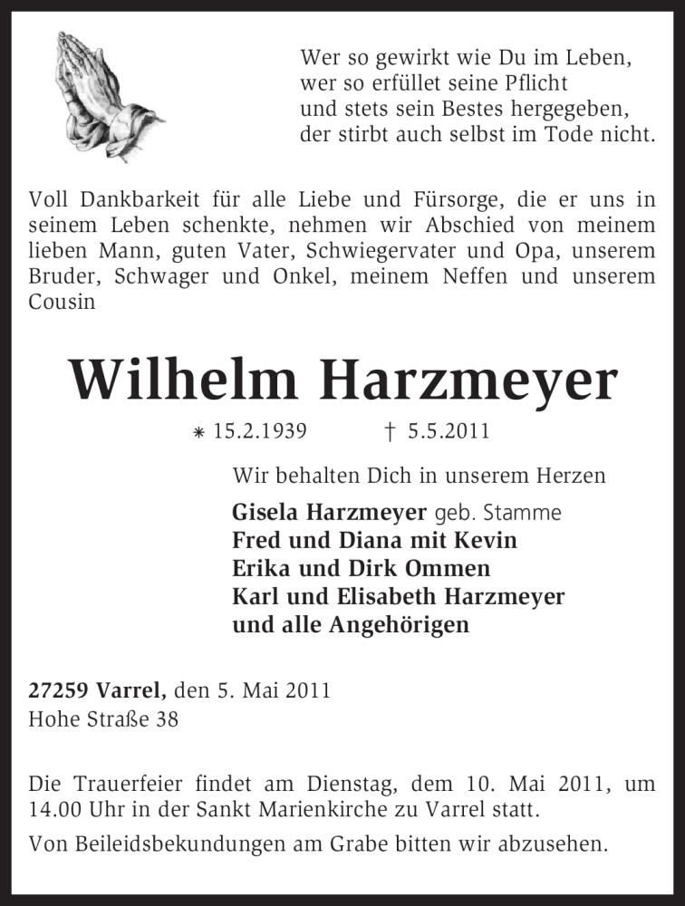  Traueranzeige für Wilhelm Harzmeyer vom 07.05.2011 aus KREISZEITUNG SYKE